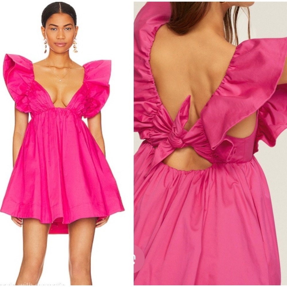 For Love & Lemons Clementine Pink Ruffle Mini‎ Babydoll Dress Tie Back Size S